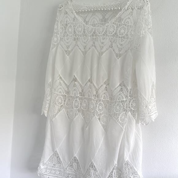 Crochet 3/4 Sleeve Tunic SzM beach pool restore spa bikini cover 100 % Cotton - Picture 5 of 8